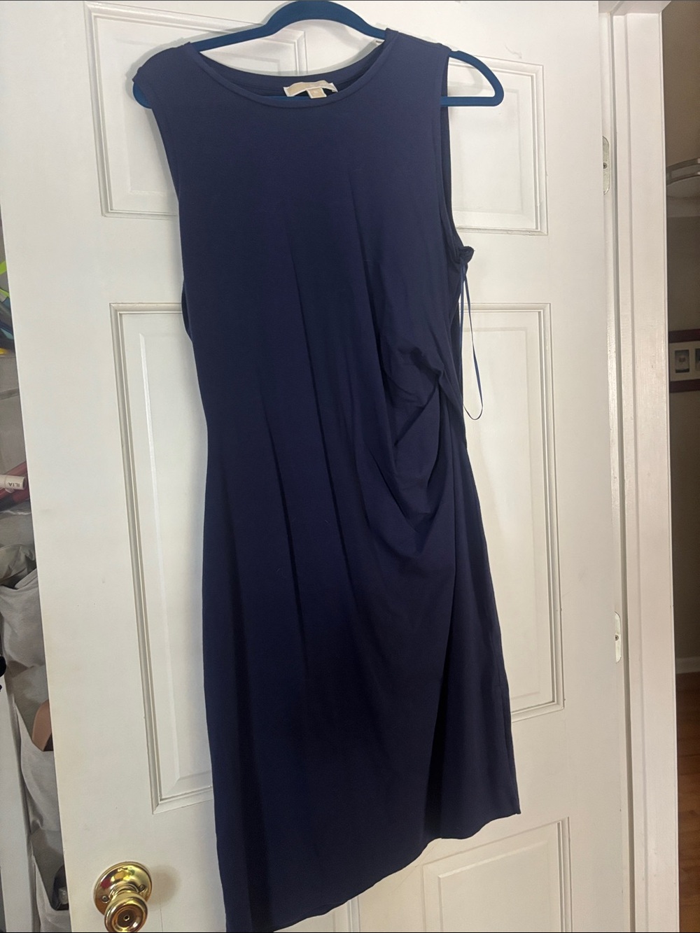 Michael Kors Navy Sleeveless Midi Dress with Side Drape